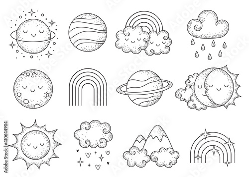 Vector hand drawn celestial collection with cute planets, clouds, rainbous, stars