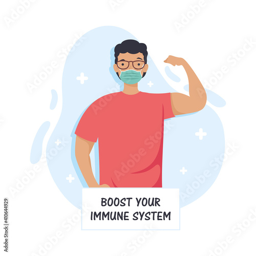 boost your immune system lettering with man strong wearing medical mask