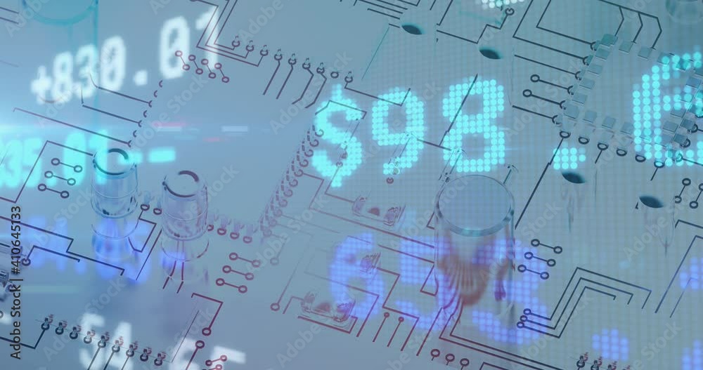 Digital animation of stock market data processing against microprocessor connections