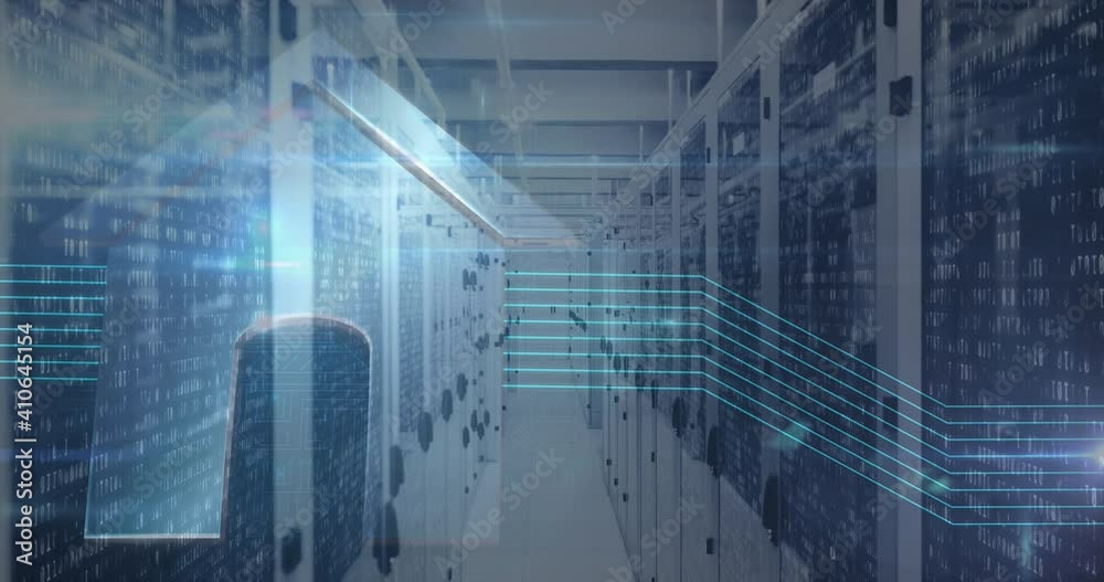 Digital animation of binary coding data processing and light trails against empty server room Digital animation of binary coding data processing and light trails against empty server room