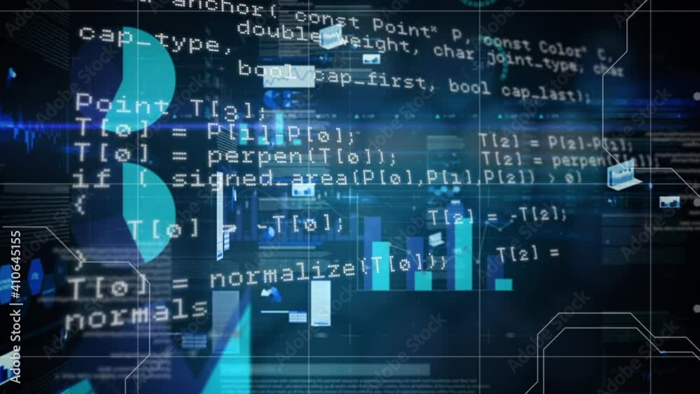 Digital animation of data processing over financial data processing on blue background Digital animation of data processing over financial data processing on blue background