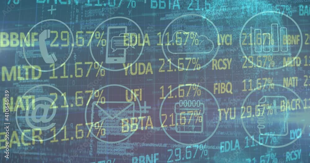 Digital animation of stock market data processing against digital icons on blue background Digital animation of stock market data processing against digital icons on blue background