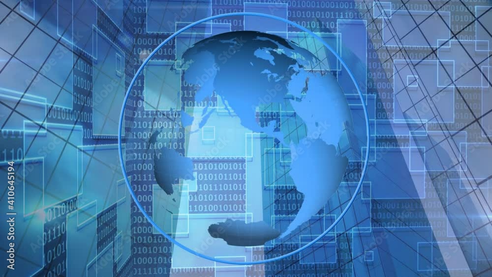 Digital animation of globe spinning against square shapes and binary coding data processing Digital animation of globe spinning against square shapes and binary coding data processing