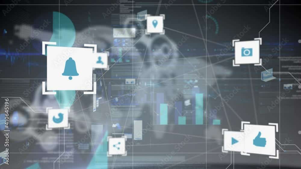 Digital animation of network of digital icons against world map on grey background Digital animation of network of digital icons against world map on grey background