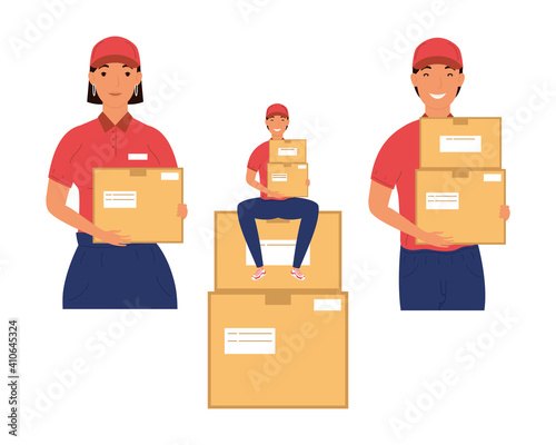 group of delivery workers with boxes characters