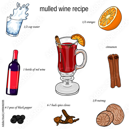 Ingredients for mulled wine. Hand drawing. Illustration in a cartoon style.