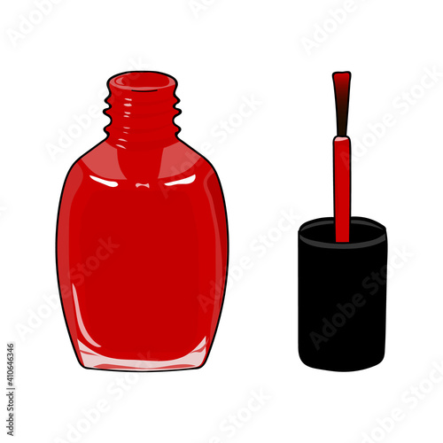 Red nail polish in open flagon and drop beside. Isolated vector. Hand drawing. Vector illustration.