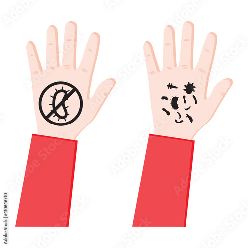 Color hand with bacteria and virus. Infection spread. Germs on a dirty hand. Non bacteria concept. Protecting from coronavirus. No touch icons. Vector