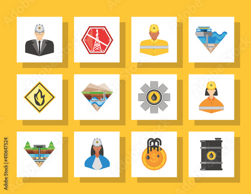 fracking, warning caution workers production petroleum icons