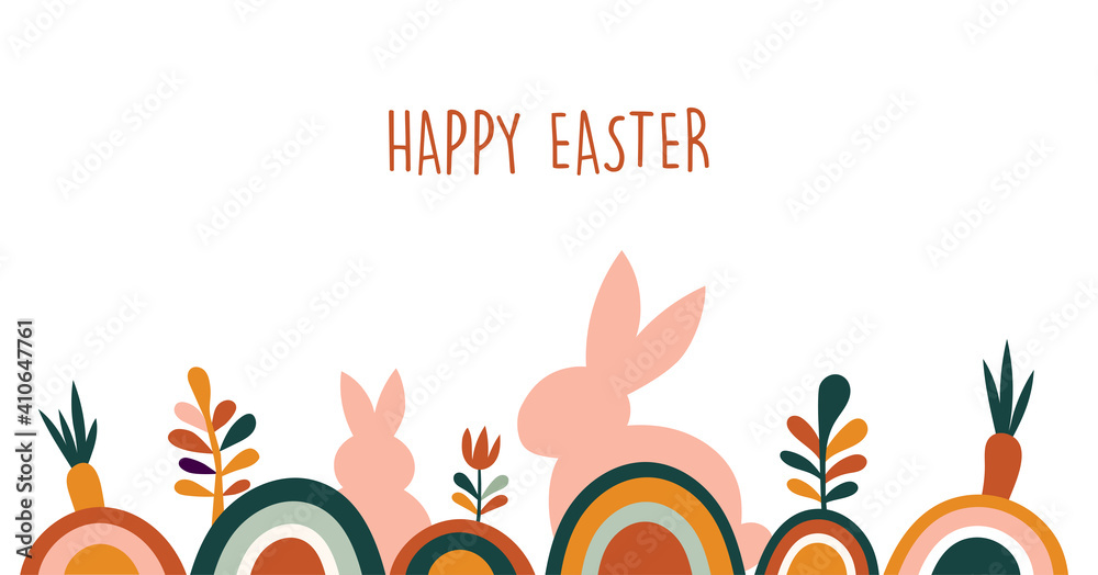 Boho Easter concept design, bunnies, eggs, flowers and rainbows in pastel and terracotta colors, flat vector illustrations Boho Easter concept design, bunnies, eggs, flowers and rainbows in pastel and terracotta colors, flat vector illustrations