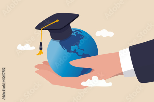 Study abroad world education curriculum, overseas school, college and university or international academic concept, success graduated student holding globe shape wearing academic mortarboard hat.