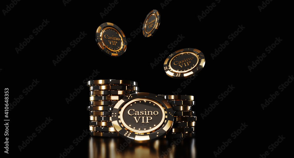 Casino chips on black background. Casino game golden 3D chips. Online casino background banner or casino logo. Black and gold chips. Gambling concept, poker mobile app icon. 3D rendering.