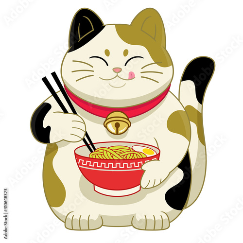 cute cartoon japan's cat eating ramen noodle
