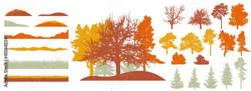 Forest, constructor kit. Silhouettes of beautiful bare trees, fir trees, grass, hill. Collection of element for create beautiful autumn forest or park, woodland, landscape. Vector illustration.