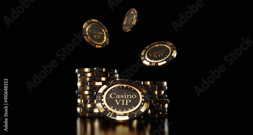 Casino chips on black background. Casino game golden 3D chips. Online casino background banner or casino logo. Black and gold chips. Gambling concept, poker mobile app icon. 3D rendering. © Yury