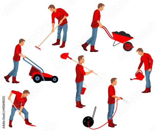 Figures of a planting farmer or gardener with tools: shovel, wheelbarrow, rake, hose, lawn mower, bucket, watering can