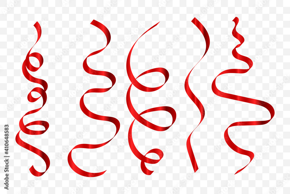 Set Red Curly Ribbons Isolated On Background. Vector Illustration - obrazy, fototapety, plakaty 