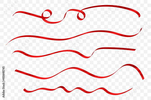 Set Red Curly Ribbons Isolated On Background. Vector Illustration