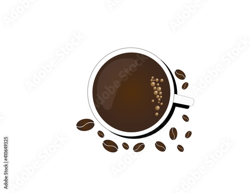 A mug of hot coffee with froth and grains on a white background.