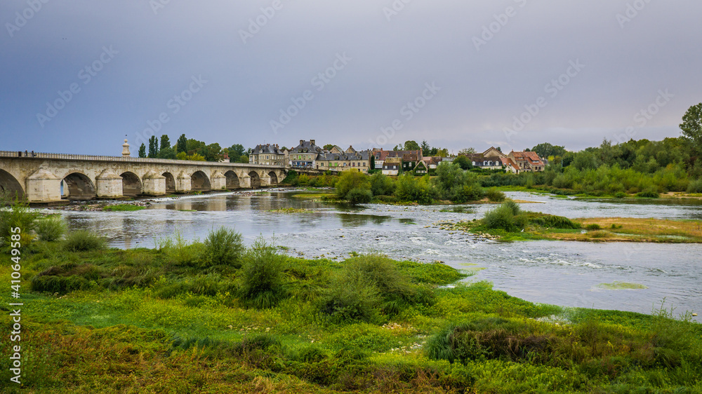 view on the bridge and the Loire river from La Charité sur Loire, a small historical town located in Burgundy, France