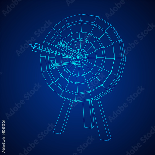 Archery target. Arrows hit round target goal concept. Wireframe low poly mesh vector illustration