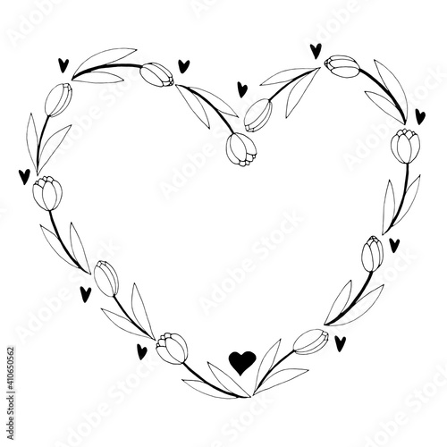 Vector frame in the shape of a heart from outline tulips. Hand drawn doodle isolated. Background, border, title for holiday decoration, valentines