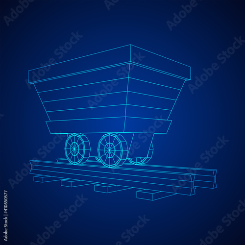 Trolley mine on rails. Wireframe low poly mesh vector illustration.