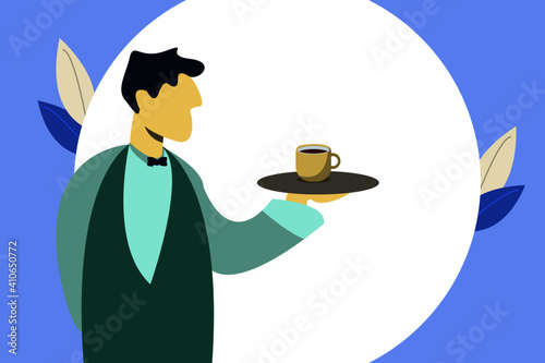 Waiter carrying cup tea and coffee take care Customer service . Serving food waiter uniform holding a dish of chicken. 
