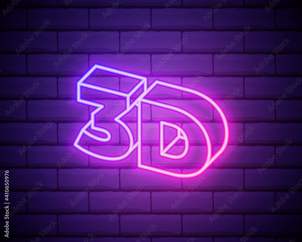 Neon 3D sign. Bright glowing icon. Concept 3D cinema design. Stock vector illustration. Neon 3D sign. Bright glowing icon. Concept 3D cinema design. Stock vector illustration.