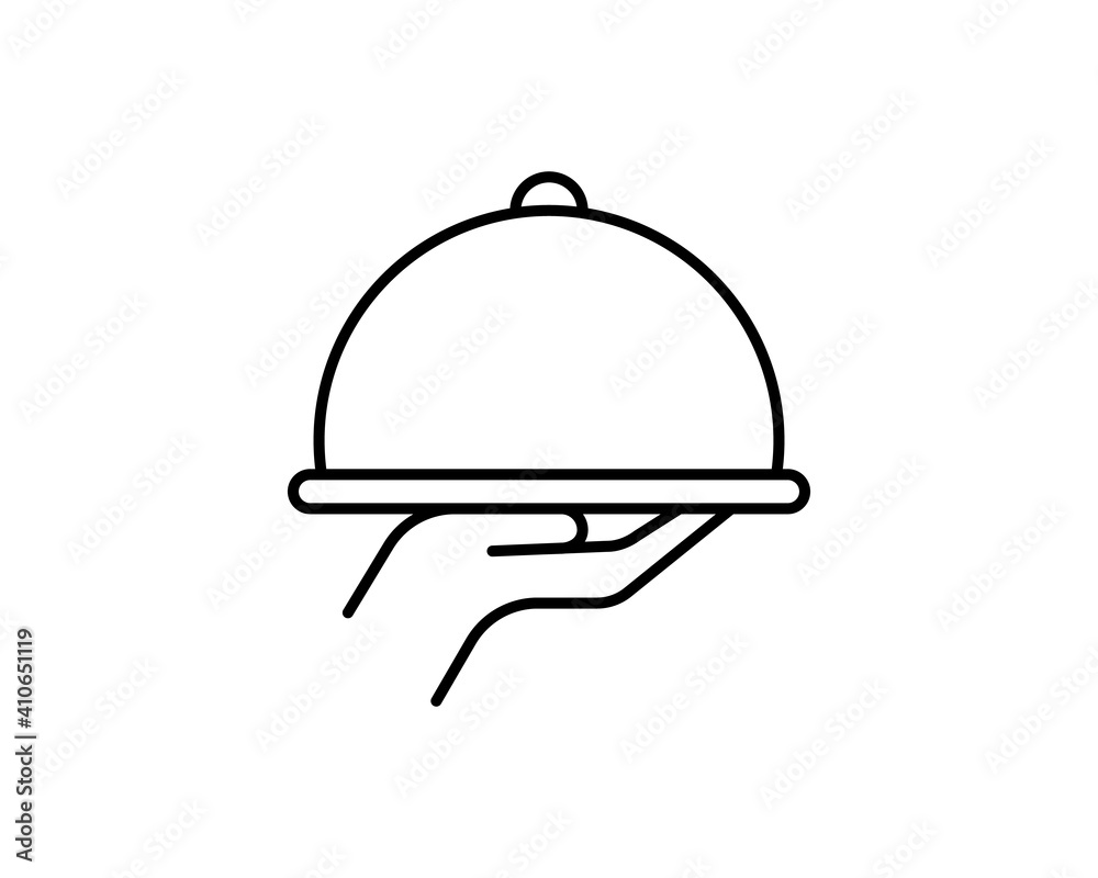 Waiter hand holding cloche serving plate flat vector icon for food apps and websites Waiter hand holding cloche serving plate flat vector icon for food apps and websites