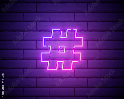 Neon icon of hashtag sign or musical sharp on gradient background. Social networks or music concept. Design element for logo, banner, flyer. Vector 10 EPS illustration.