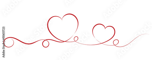 red single stroke ribbon banner with heart shapes, love and affection vector illustration