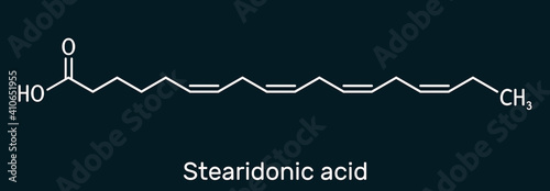 Stearidonic acid, moroctic acid, SDA molecule. It is an omega-3, fatty, octadecatetraenoic acid. Skeletal chemical formula photo