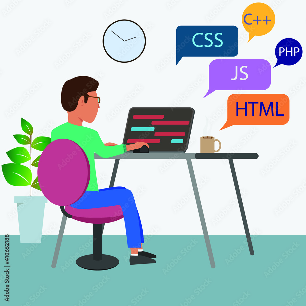 Colorful vector illustration of a programmer working.