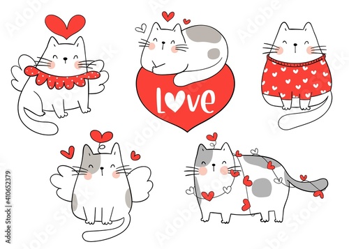 Draw collection cat for Valentine day Doodle cartoon style.