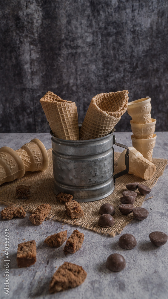 ice cream cones with gray background