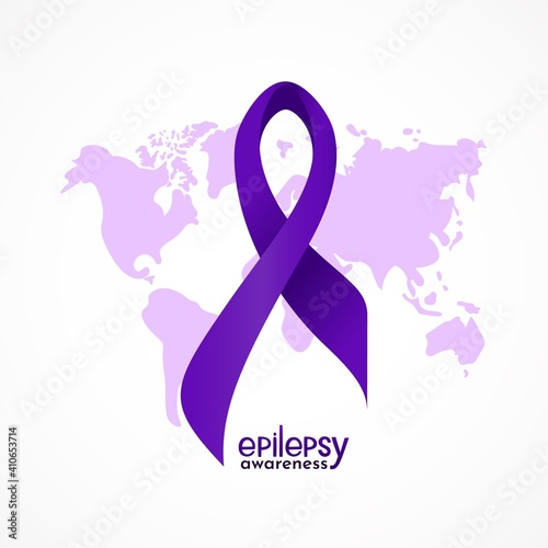 Violet epilepsy awareness ribbon with hand lettering text, map. Template for background, poster, print, card, flyer. Health care conncept.
