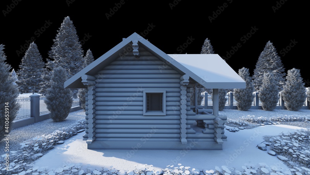 Naklejka premium a small country house on the background of fir trees and a stone fence in winter. Black and white illustration
