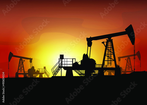 Oil derrick. Pump jack in sunset landscape. Petroleum-producing. Vector silhouette