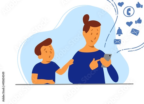 Flat style vector, modern life with smartphones. phone addiction. Mother and lonely child. Information hygiene. Child wants moms attention