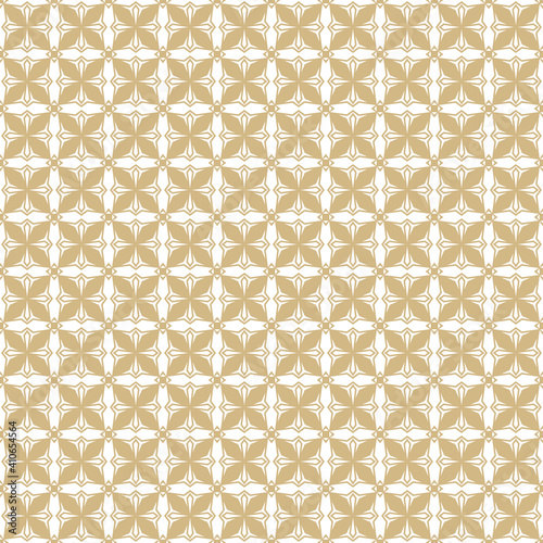 Golden geometric ornament pattern. Gold and white vector seamless texture with small flower silhouettes, diamonds, grid, repeat tiles. Elegant gothic style background. Repeated design for print, decor
