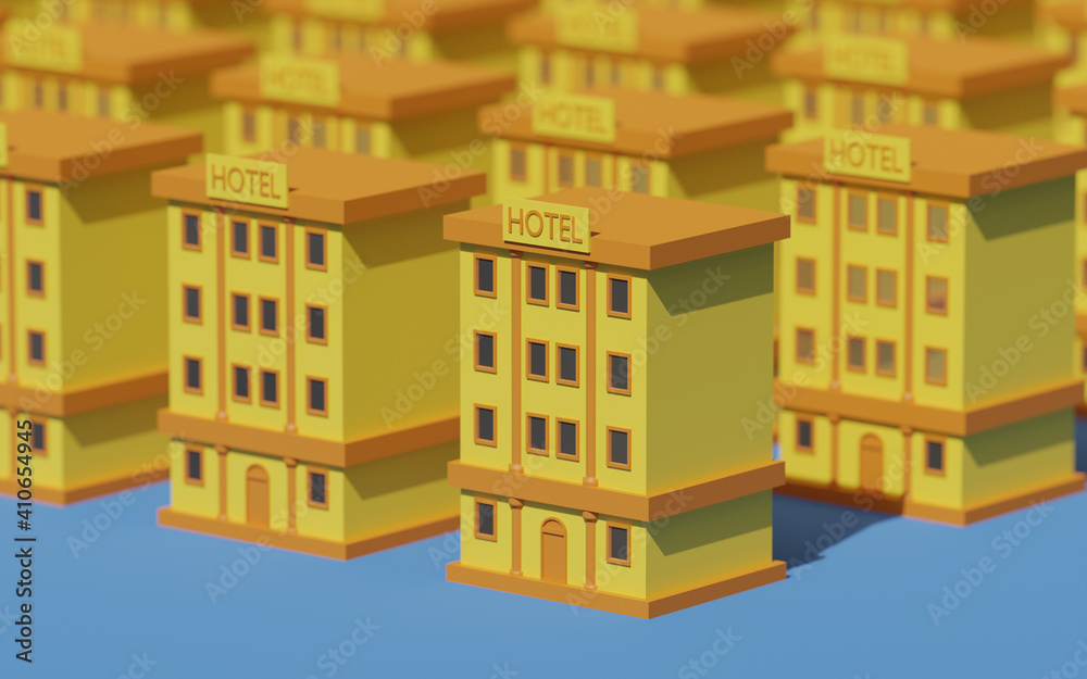 3D illustration of yellow hotels lined up on top of a blue floor creating a pattern with a side view