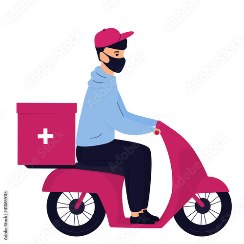 COVID-19. Quarantine. Coronavirus epidemic. Delivery man in a protective mask delivers medicine by motorbike. Free medicament shipping