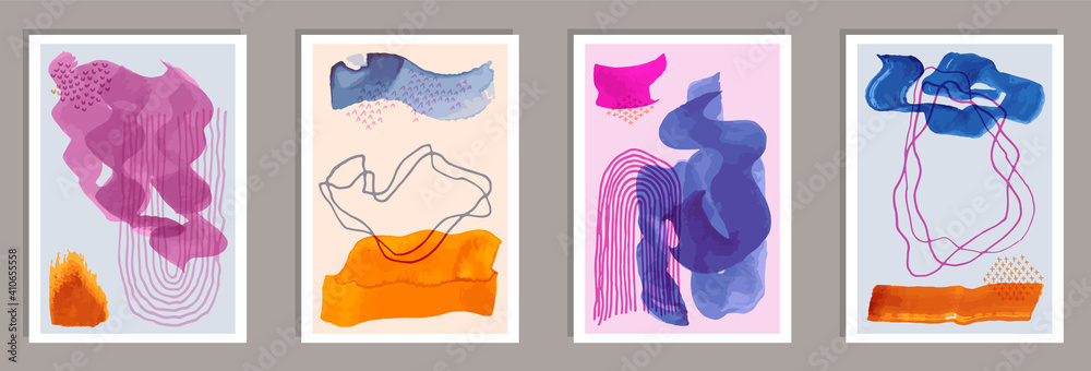 Painted contemporary postcards vector set.