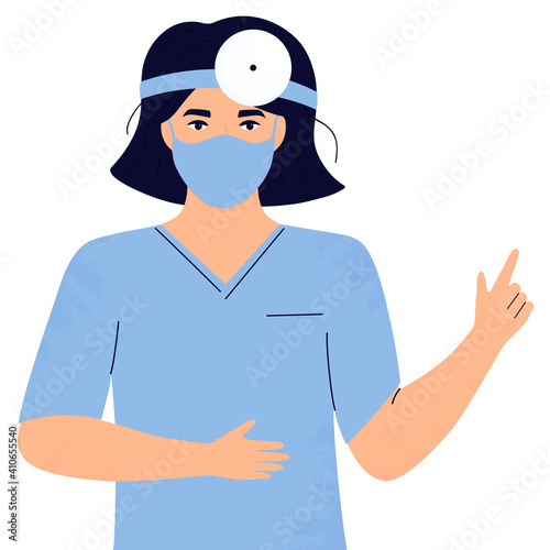 Woman otorhinolaryngologist doctor in protective mask and head reflector
