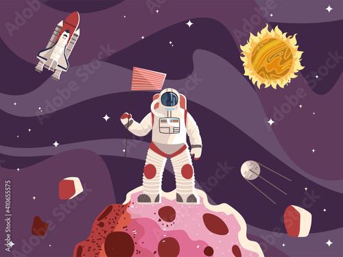 space astronaut with flag surface planet spaceship sun and moon