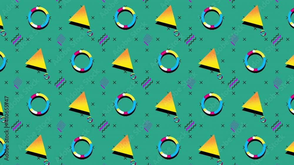 90's Retro Animated Background Pattern.
Colourful geometric shapes and bright colours.  Loop for as long as you need

4K high resolution - Turquoise background version