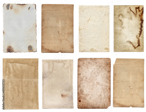 Set of Old various vintage rough paper with scratches and stains texture isolated