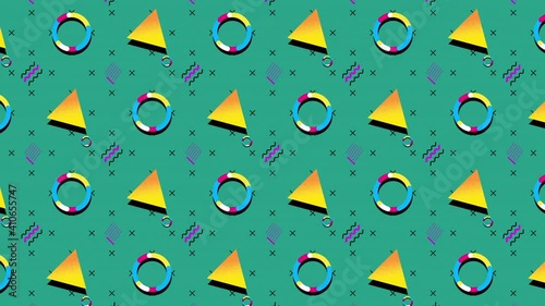 90's Retro Animated Background Pattern.
Colourful geometric shapes and bright colours.  Loop for as long as you need

4K high resolution - Turquoise background version