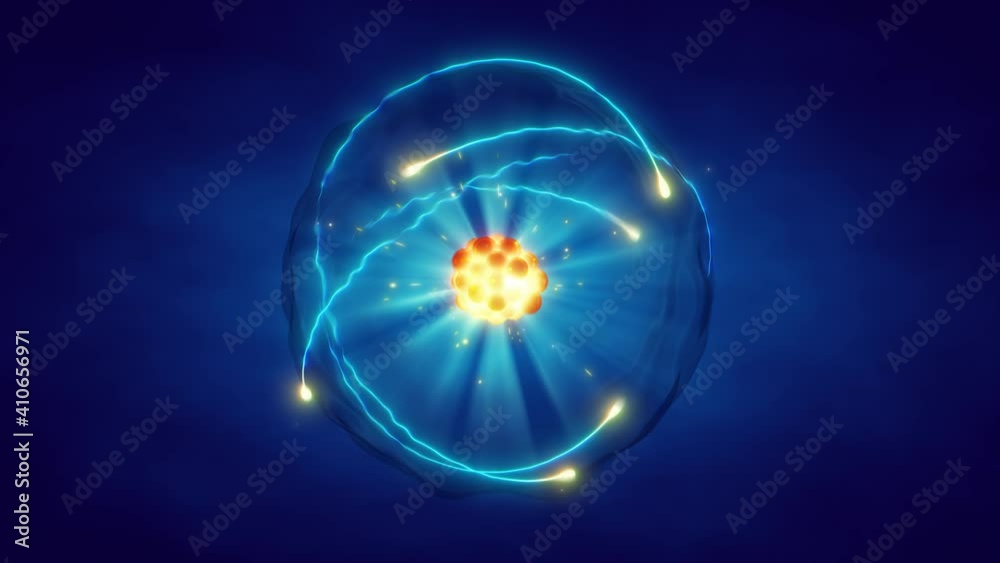 Single atom and its electron cloud. Quantum mechanics and atomic structure 3d animation render concept.